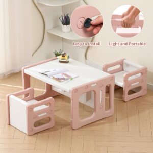 Hulaibit Kids Table and 2 Chairs Set, Montessori Weaning Table and Chairs for Toddlers Age 1-6, Plastic Activity Table for Reading/Eating/Playing, Gift for Boys & Girls, Pink