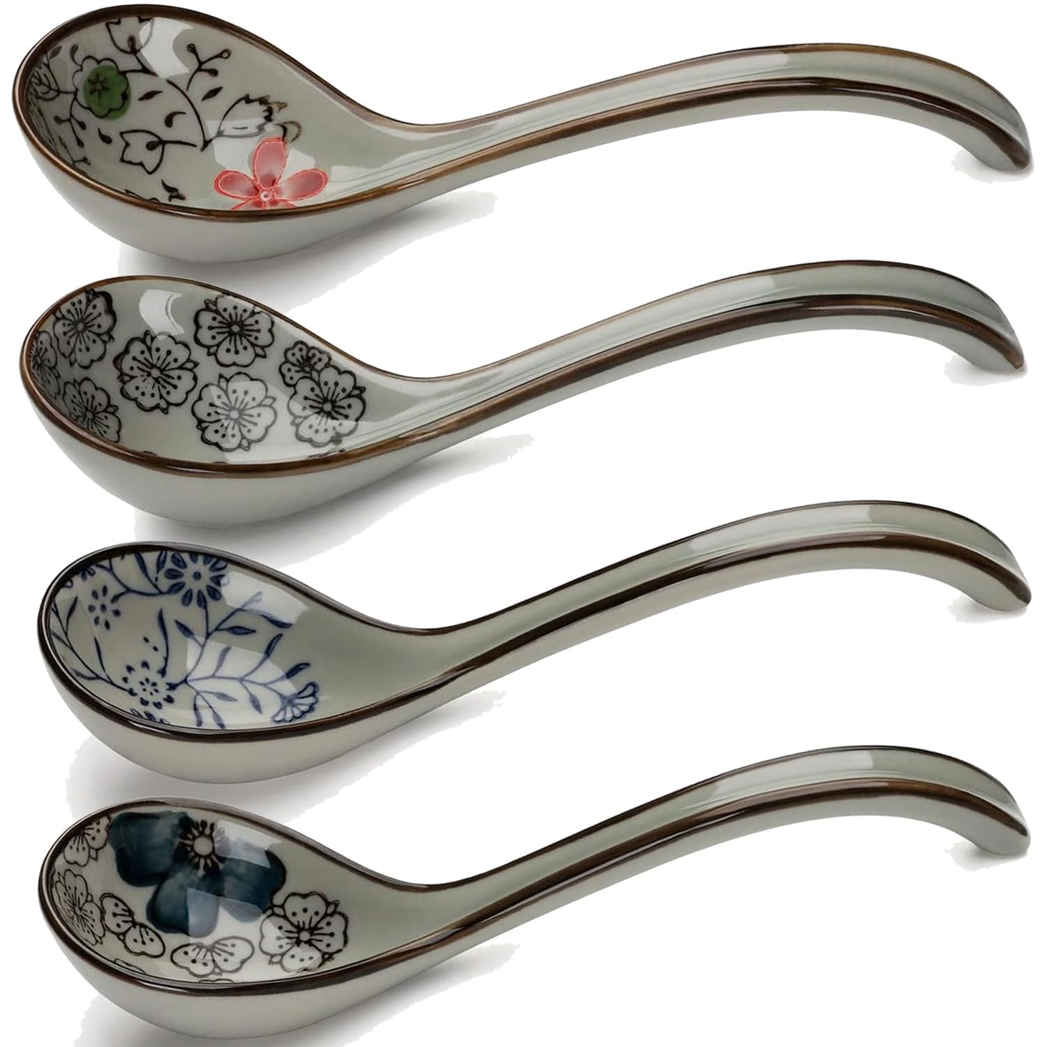 Set of 4 Soup Spoons, Japanese Soup Spoon Chinese Ceramic Ramen Spoons, Asian Soup Spoon Long Handle Perfect Size for Dumpling Pho Noodles Miso Dishwasher Safe (Style C)