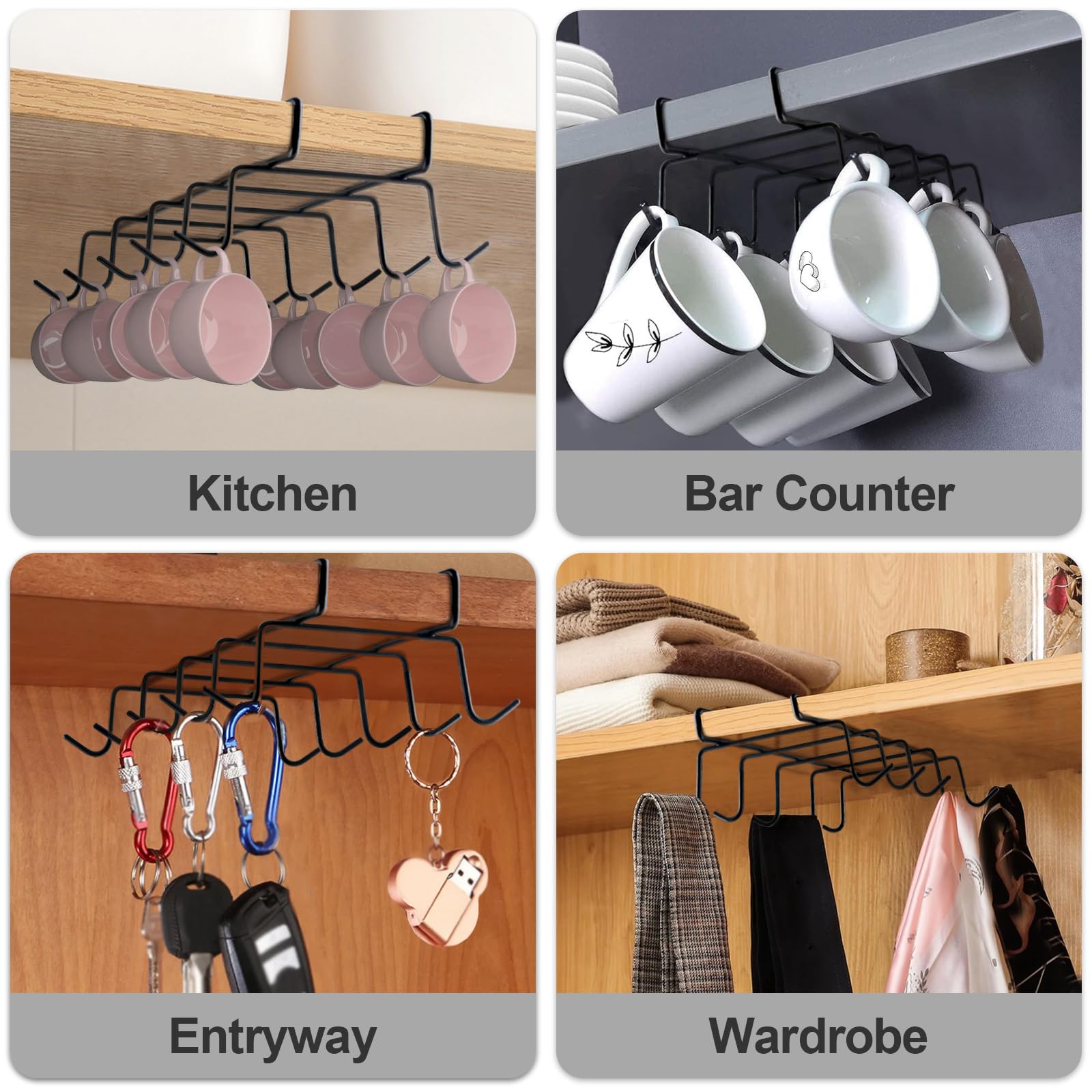 Fellibay Mug Rack Under Cabinet Coffee Cup Holder, Hanging Mug Display Mug Organizer Mugs Hanger Under Shelf for Coffee Cup & Kitchen Utensils Storage, 10 Hooks