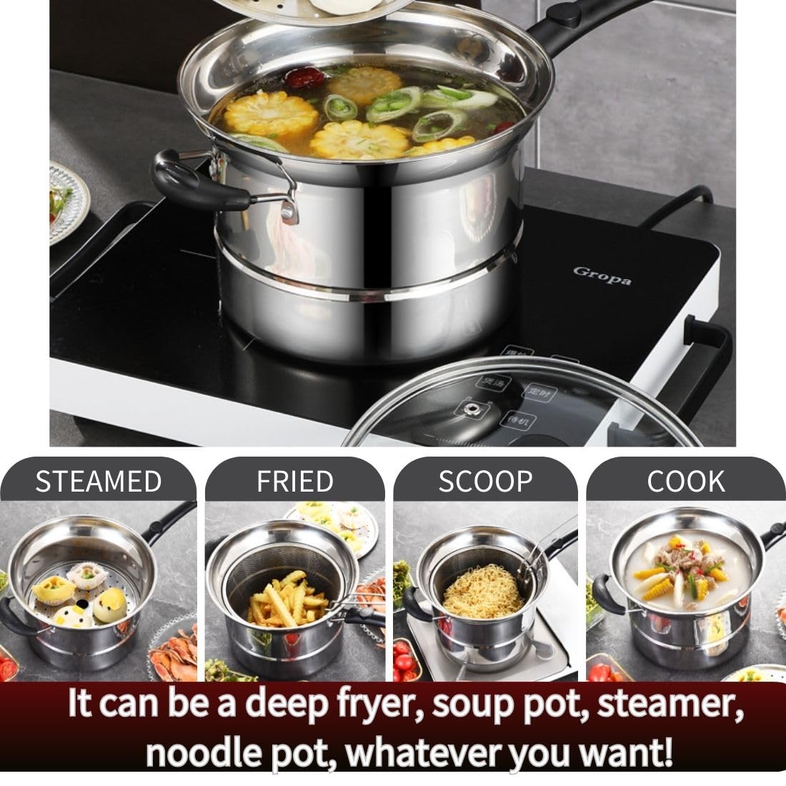 Stainless Steel Pot with Deep Fry Basket, Steamer Pot, Multipurpose Pasta Pot with Steamer Rack, Strainer Glass Lid, 3.5Quart Sauce Pan with Stay-cool Handle for Cooking Gravies, Vegetable Steamer