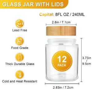 AISIPRIN Glass Jar with Lid 12 Pcs 8oz, Glass Spice Jars with Lable, Candle Jars, Mason Jars 8oz with Airtight Bamboo Lids,Including Blank lables