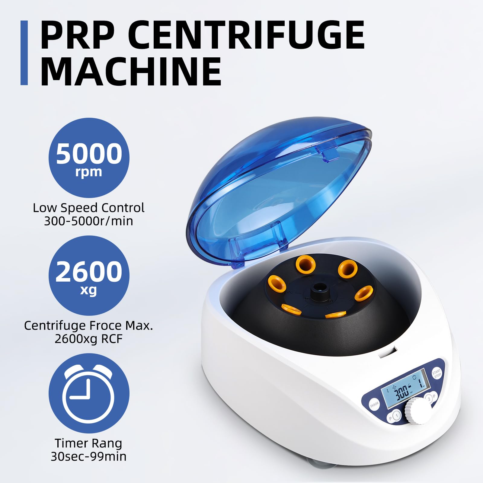 NORJIN PRP Lab Benchtop Centrifuge Machine 6x15mL/10mL/7mL/1.5-5mL, Low Speed Control 300-5000r/min, Max. 2600xg RCF for Lab School Science Plasma Research