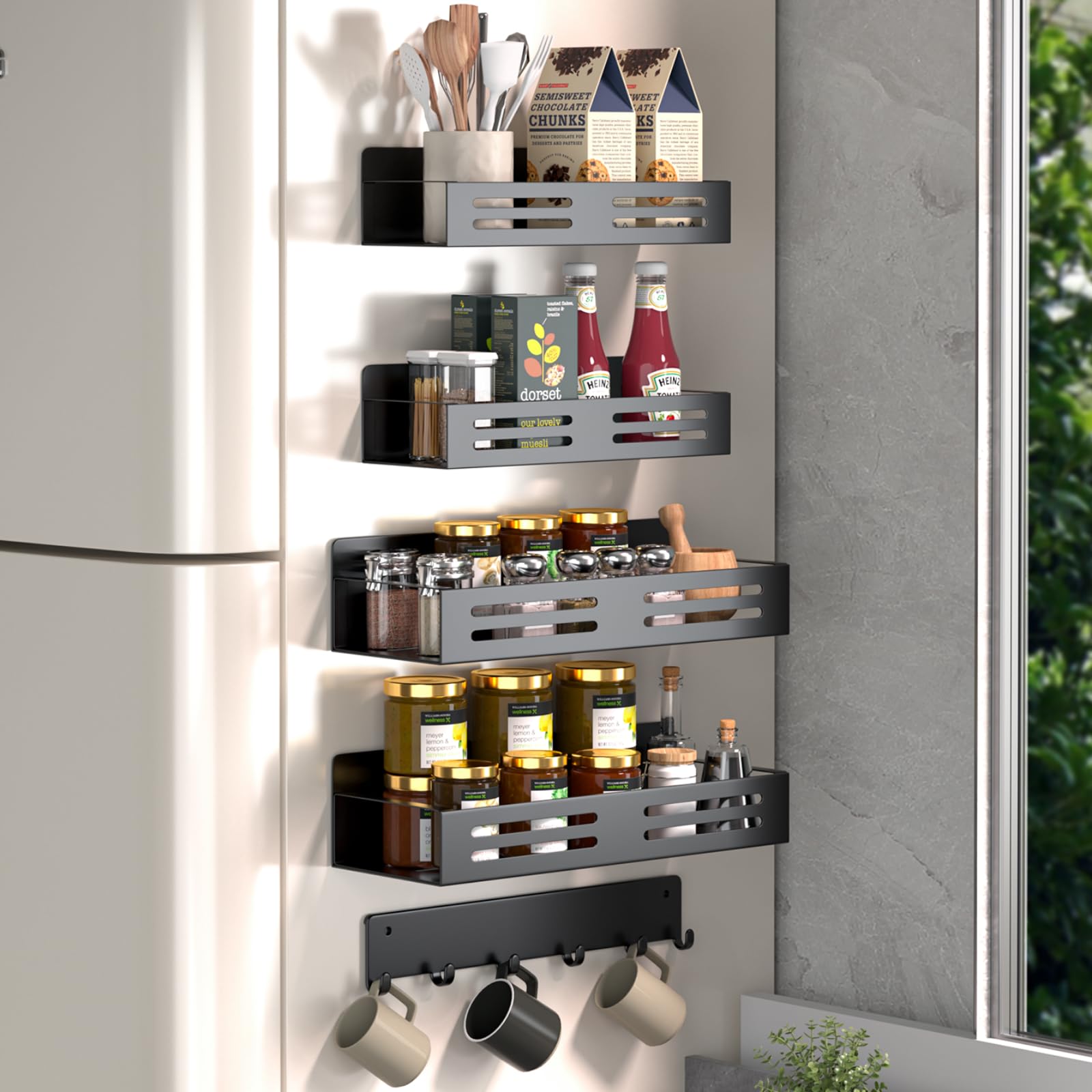 Yuchenfeng Fridge Side Organizers Magnetic Spice Racks for Refrigerator with 6-Hooks Spice shelves with Magnets for Refrigerator Side Fridge Side shelf Metal