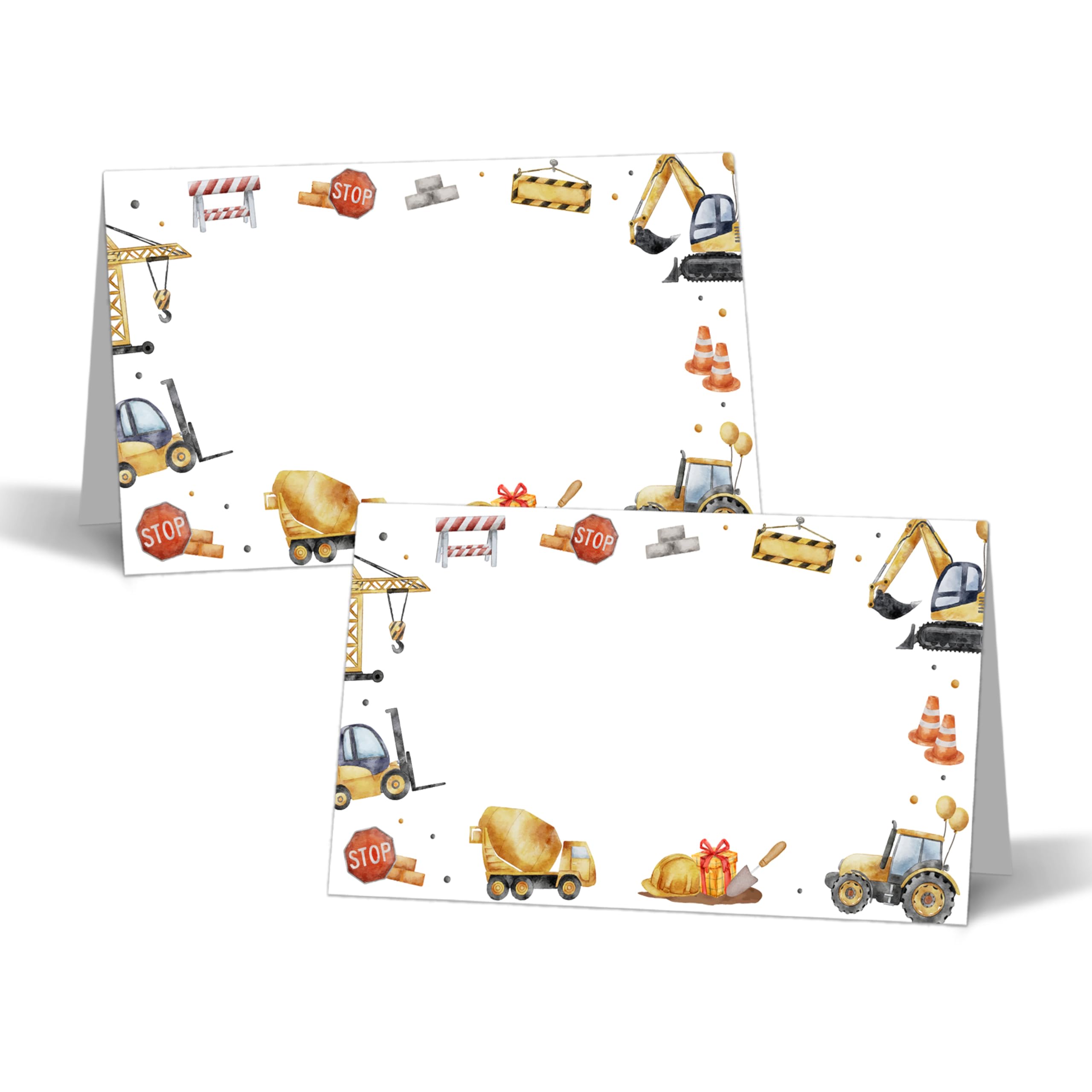 Construction Table Place Cards - 25PCS Tent Cards - Dump Truck Themed Food Lables - Name Place Cards for Table Setting - Name Cards for Birthday Party Baby Shower - Scored for Easy Folding -02