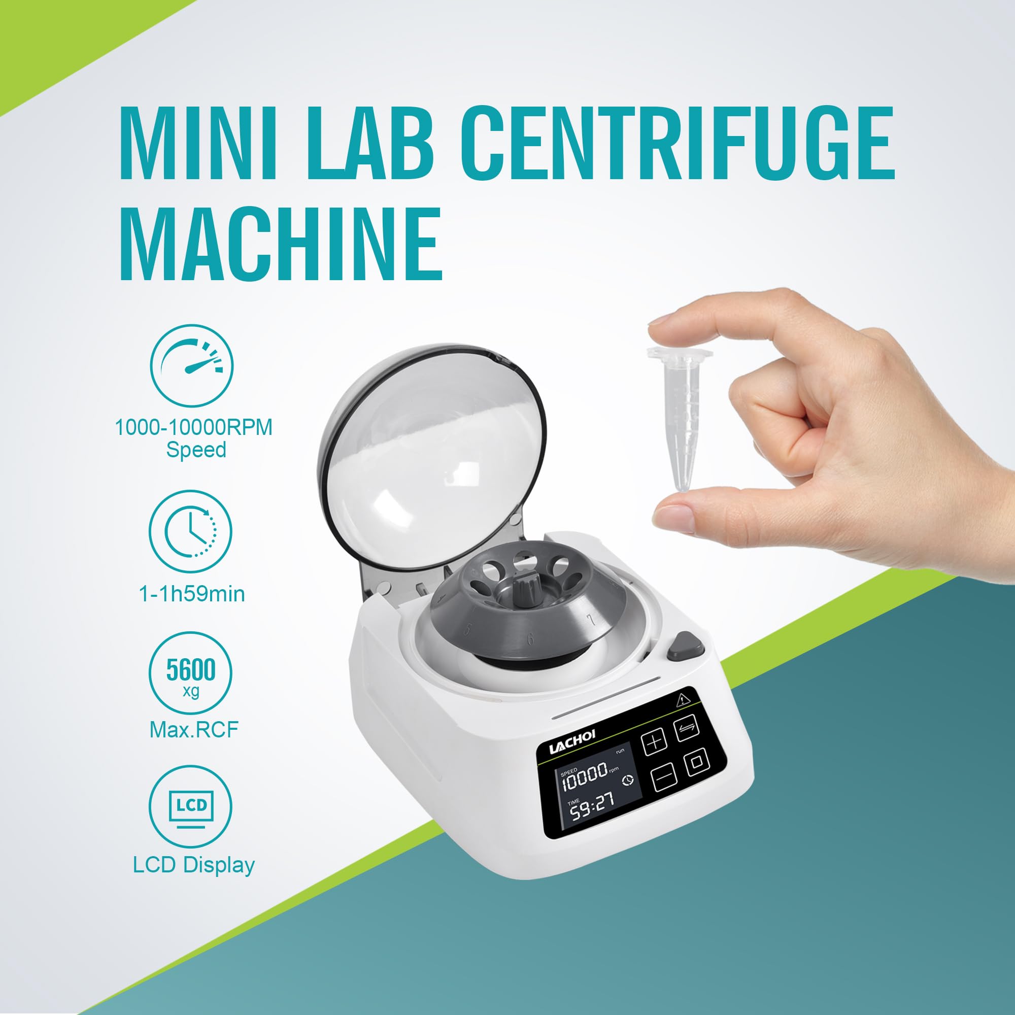 Mini Centrifuge Machine LCD Digital Display Microcentrifuge 1000-10000RPM Adjustable Speed Lab Centrifuge Benchtop with 2 Rotors for PCR Strips