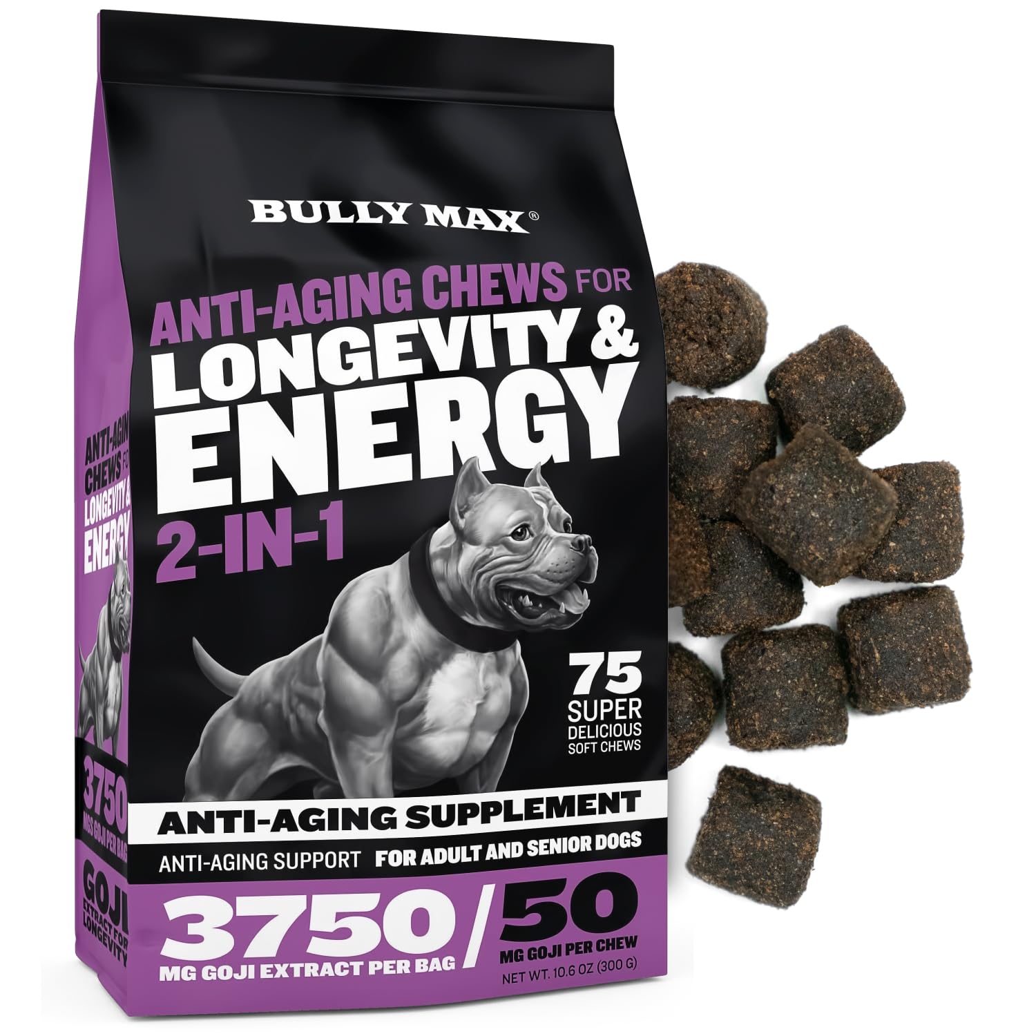 Bully Max 2-in-1 Anti-Aging Multivitamin Chews - Senior Dog Food Supplement for Vitality, Immunity, Joint Support with Postbiotics - Adult Dog Vitamins for Small & Large Breeds - 75 Tasty Soft Chews