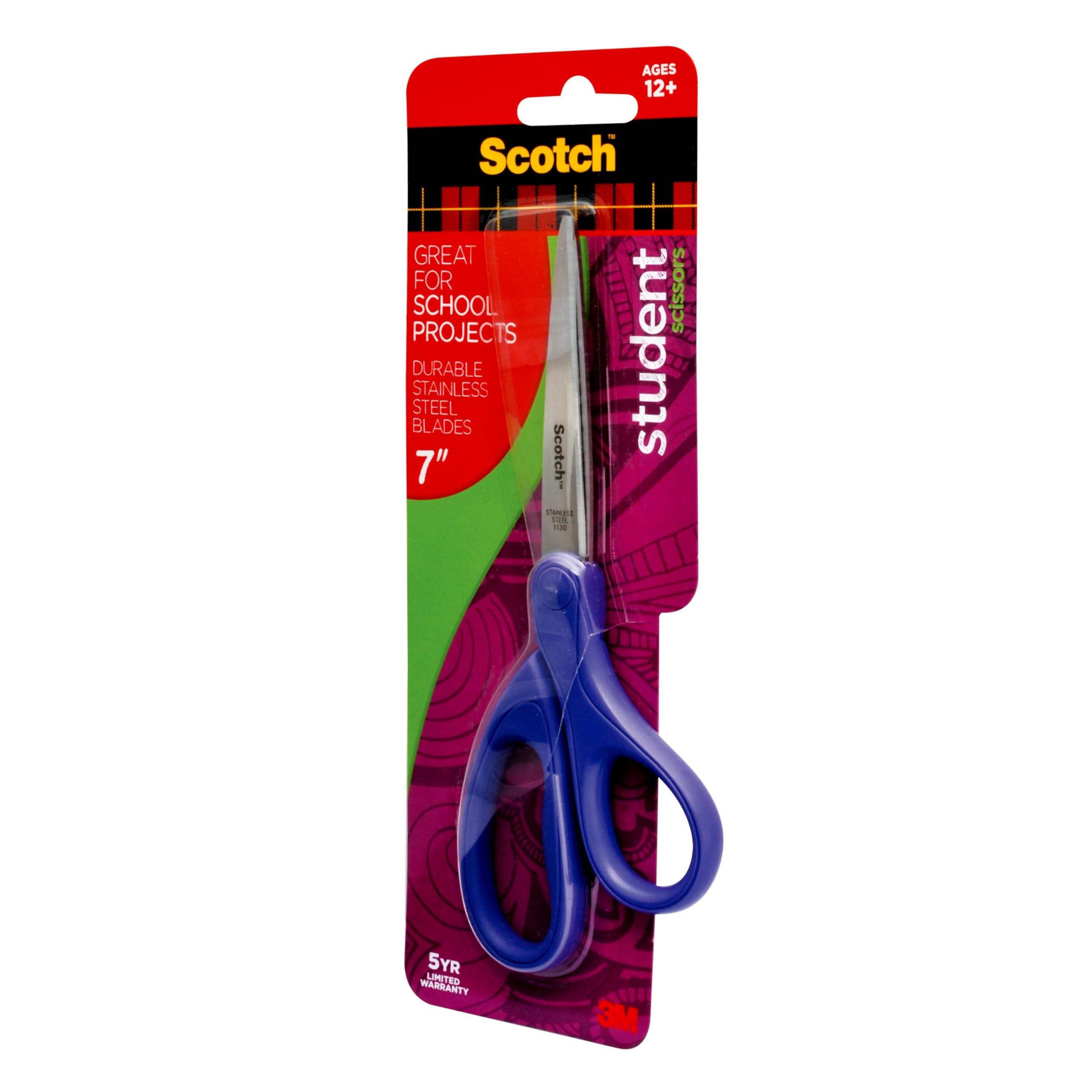 Scotch 7-Inch Student Scissors, Blue, Green, and Purple, Colors Vary, 6-Pack