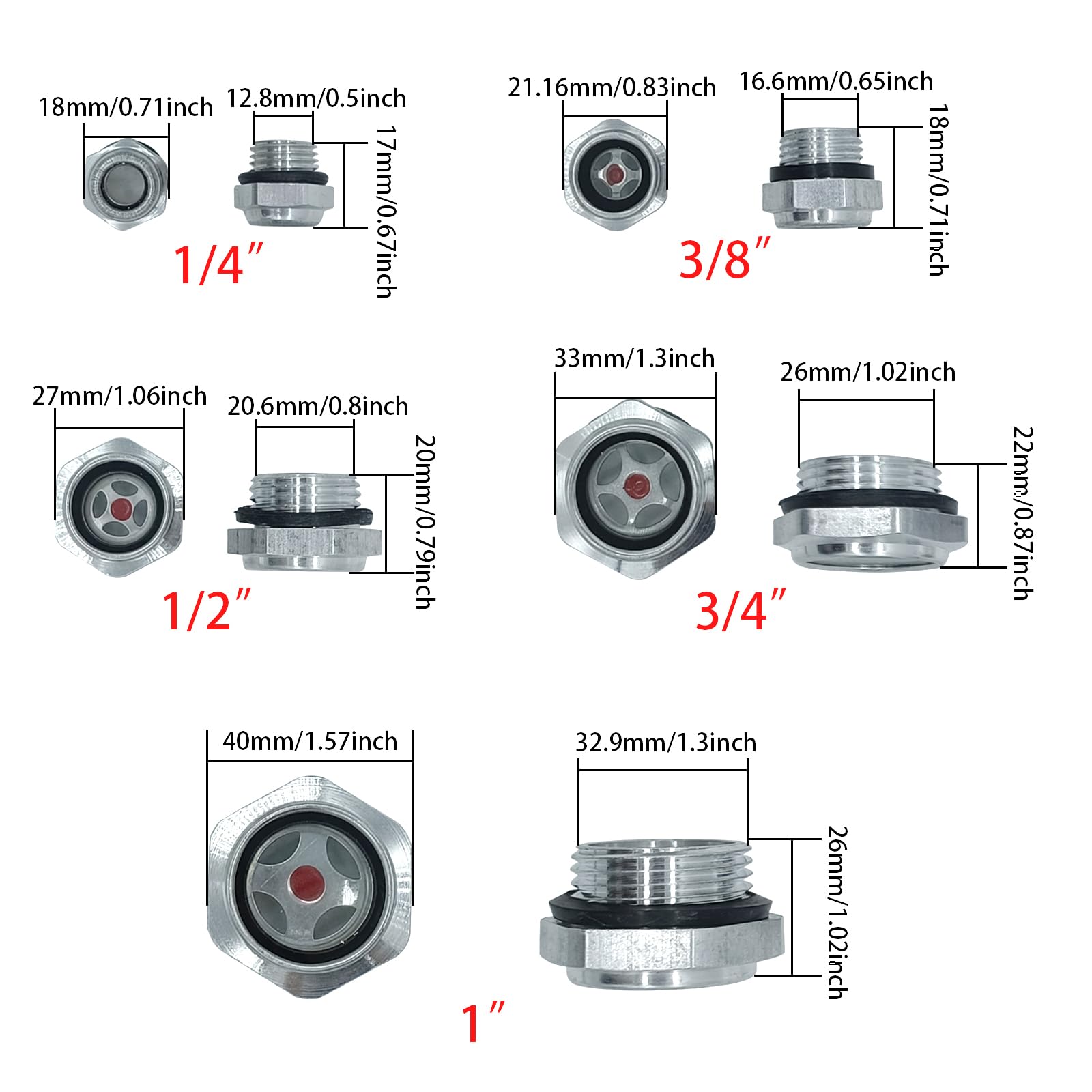 5 Pcs Oil Sight Glass 1/4'' 1/2'' 3/4'' 3/8'' 1'' Male Threaded Stainless Steel Sight Glass Oil Liquid Level Gauge Oil Indicator Window Hydraulic Tank Sight Glass for Pump Air Compressor Fittings