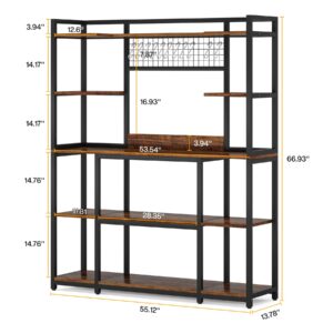 Tribesigns Large Bakers Rack, 55" Wide Kitchen Hutch Cabinet Microwave Stand with 11 Hooks, 5-Tier Baker’s Rack Kitchen Storage Shelf Rack with Hutch, Rustic Brown