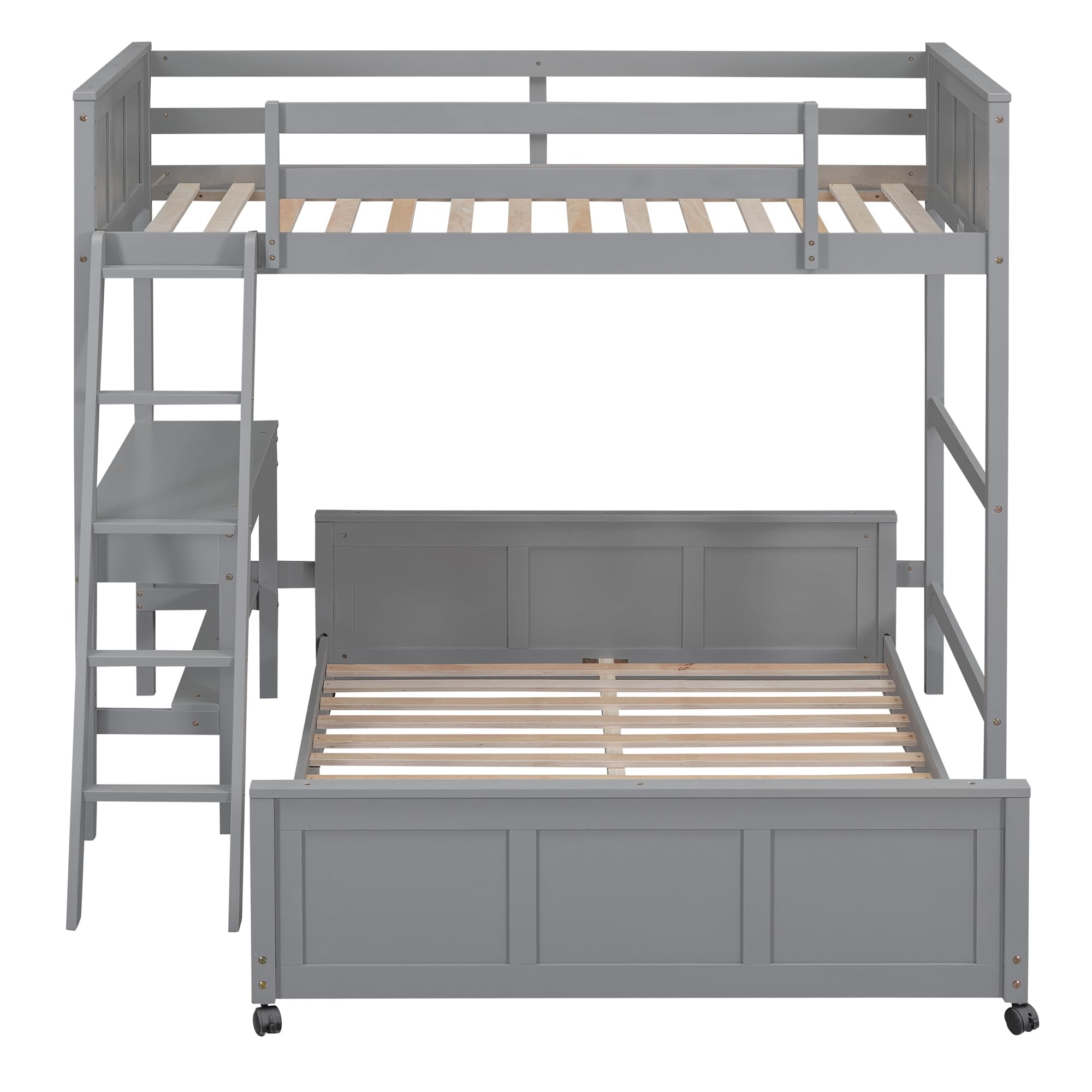 Twin Over Full Loft Bed with Desk and Storage Drawers, Wood Bunk Loft Bunk Bed for Kids, Can Be Separated into A Full Bed Frame and A Twin Size Loft Bed for Girls Boys Teens, Gray