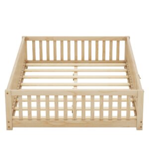 CITYLIGHT Full Size Floor Bed with Rails, Wood Montessori Floor Bed Full with Support Slats, Kids Full Bed Frame with Door Design for Boys,Girls, Natural