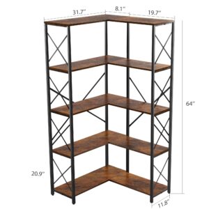 Rengue Bookshelf 5 Tier Corner Shelf, Large Modern Industrial Bookcase L Shaped Storage Display Rack with Heavy Duty Metal Frame for Home Office, Living Room, Bed Room