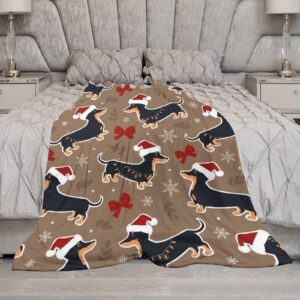 MEIKKO Cute Dachshund Puppy Blanket Fleece Cozy Warm Christmas Snowflake Bow Lightweight Throw Blanket for Couch Sofa Bed for Adults Kids Boys Teens Gift 50"x60"