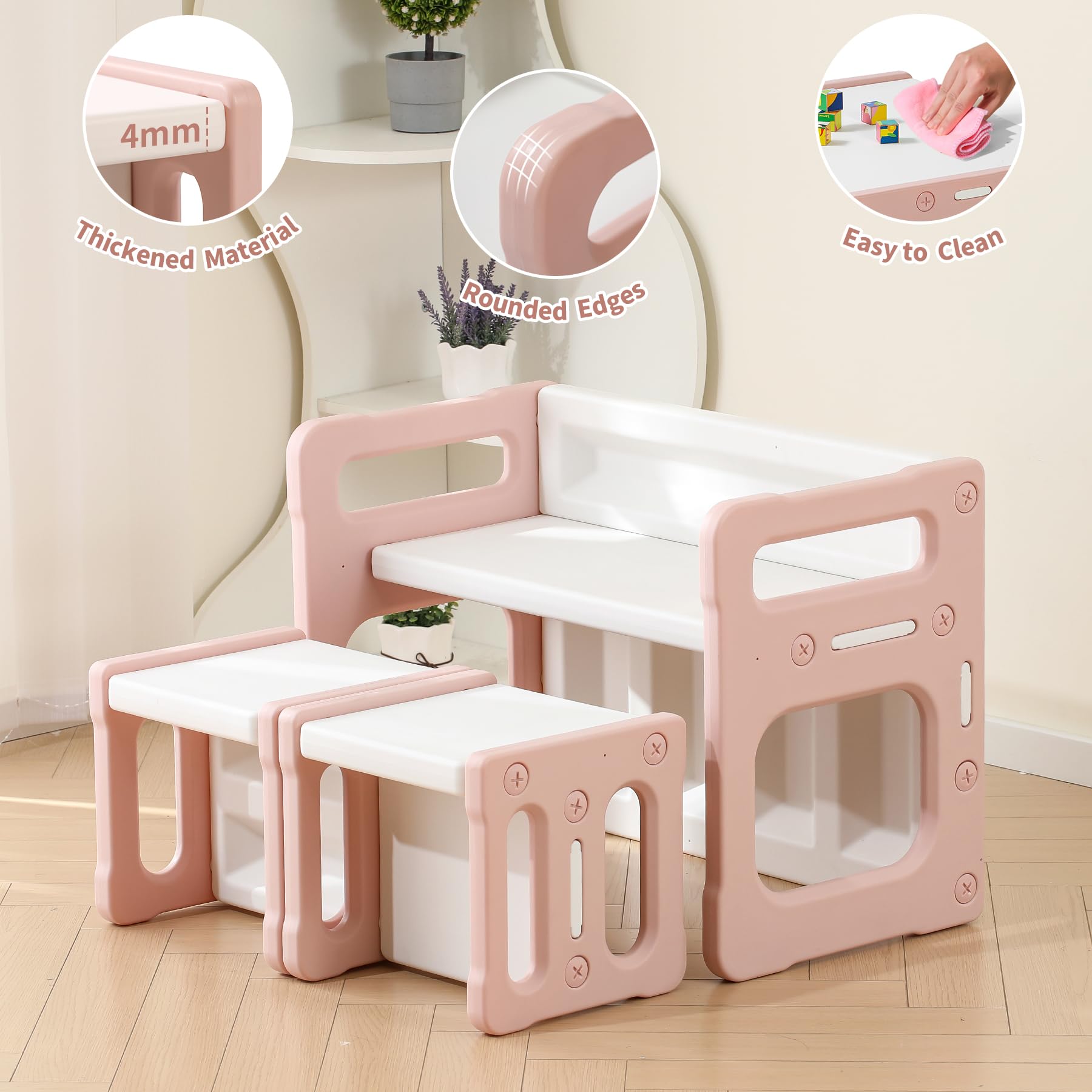 Hulaibit Kids Table and 2 Chairs Set, Montessori Weaning Table and Chairs for Toddlers Age 1-6, Plastic Activity Table for Reading/Eating/Playing, Gift for Boys & Girls, Pink