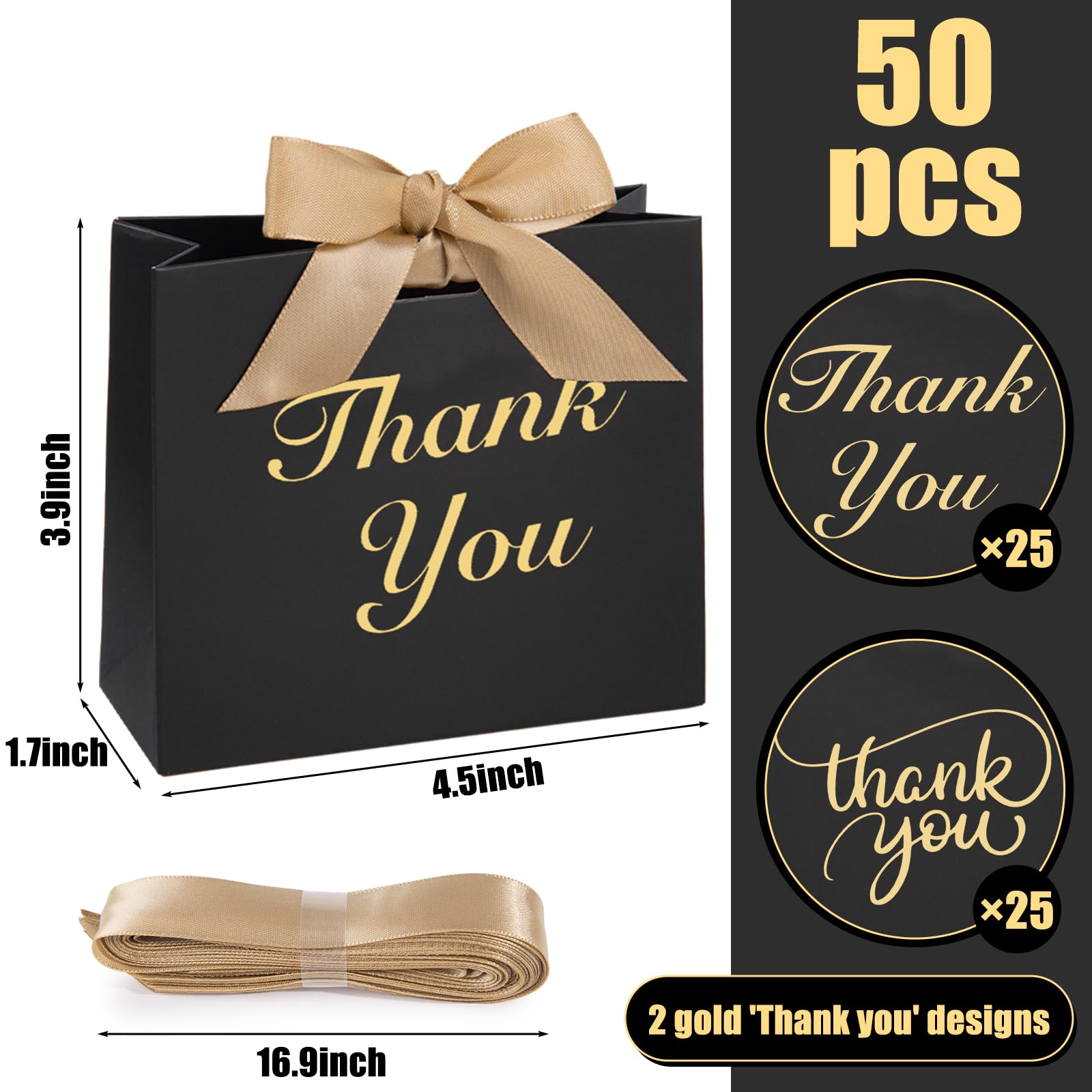 TOXOY 50PCS Black Thank You Gift Bags,4.5x3.9x1.7 Inch Party Favor Bags with Bow Ribbon Small Candy Bags Mini Party Favor Bags for Birthday Wedding Party Bridal Shower