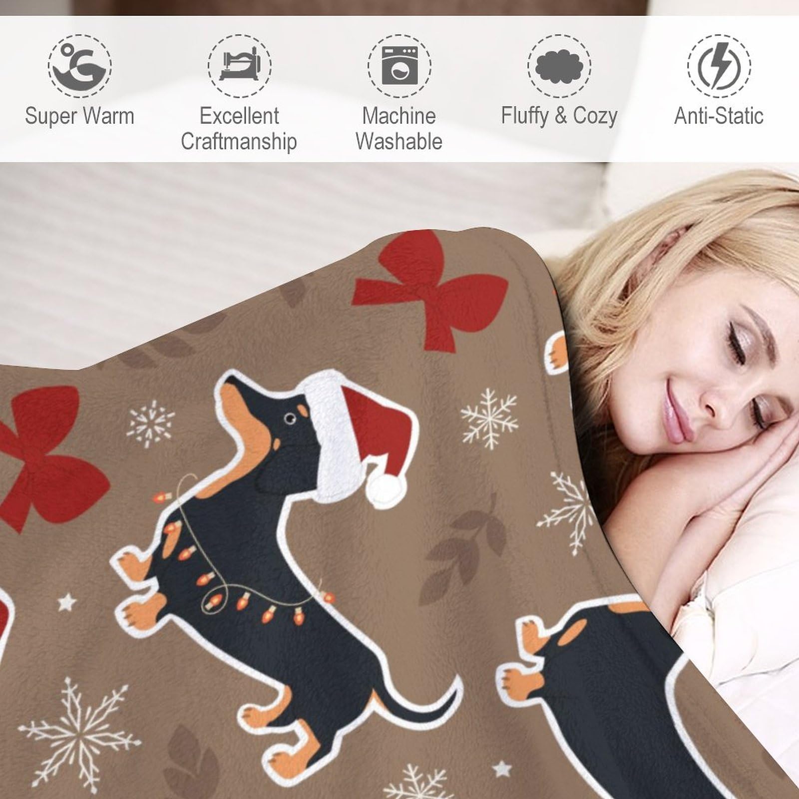 MEIKKO Cute Dachshund Puppy Blanket Fleece Cozy Warm Christmas Snowflake Bow Lightweight Throw Blanket for Couch Sofa Bed for Adults Kids Boys Teens Gift 50"x60"