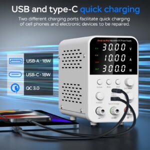 DC Power Supply Variable, 30V 10A Bench Power Supply with Encoder Knob, 4-Digits Display, Adjustable Regulated lab Power Supply with 5V 3.6A USB & Type-C Quick-Charge, Output Switch (30V 10A)