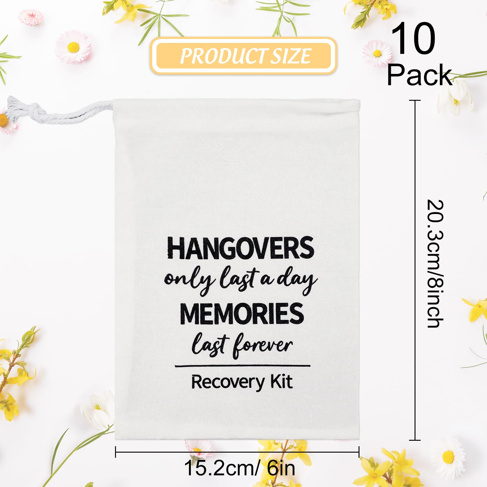 AnyDesign 10Pcs Wedding Hangover Kit Bags Classic Recovery Kit Bags Reusable Cotton Drawstring Muslin Amenity Bags Survival for Wedding Bridal Welcome Party Favor Memento Gift, 6 x 8 Inch