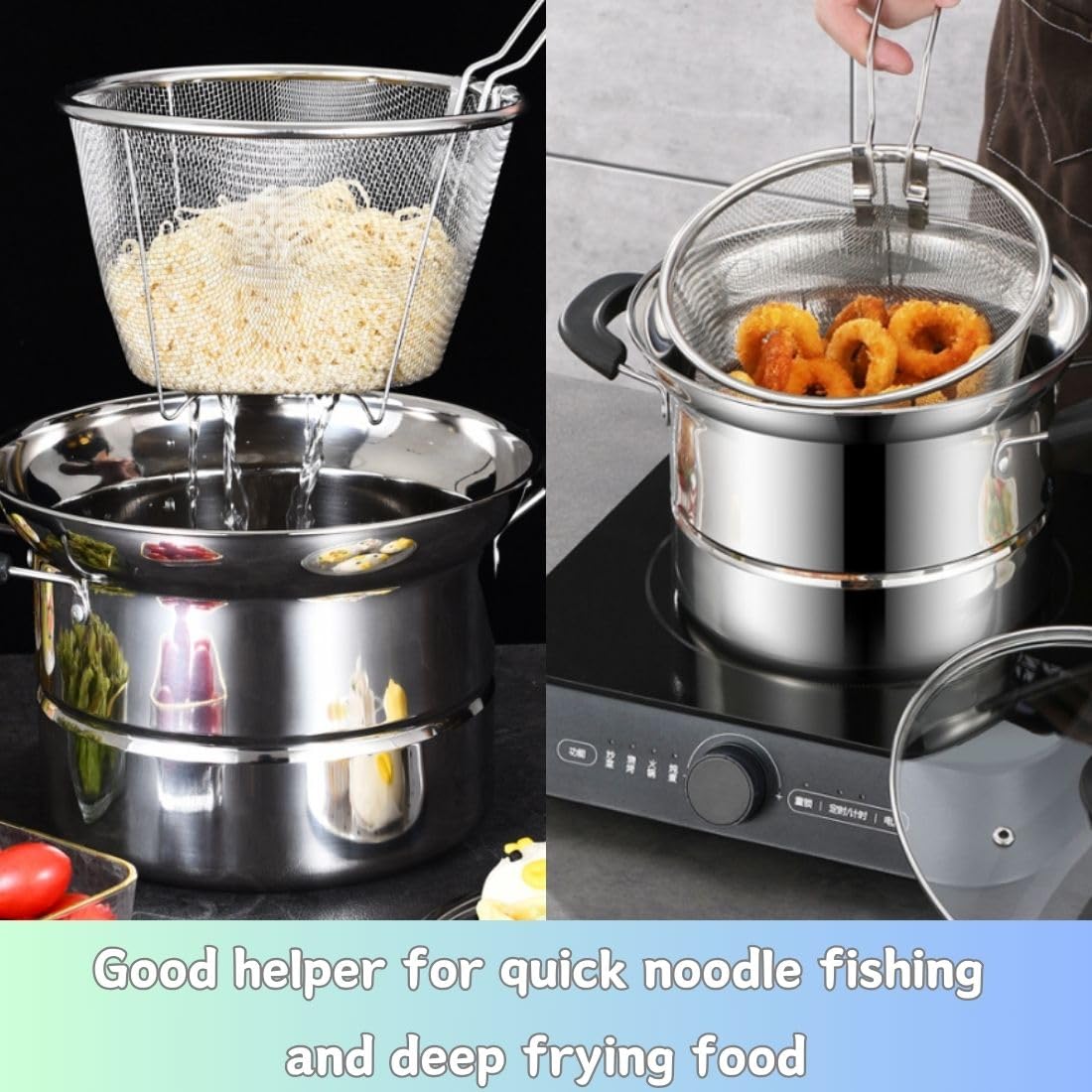 Stainless Steel Pot with Deep Fry Basket, Steamer Pot, Multipurpose Pasta Pot with Steamer Rack, Strainer Glass Lid, 3.5Quart Sauce Pan with Stay-cool Handle for Cooking Gravies, Vegetable Steamer