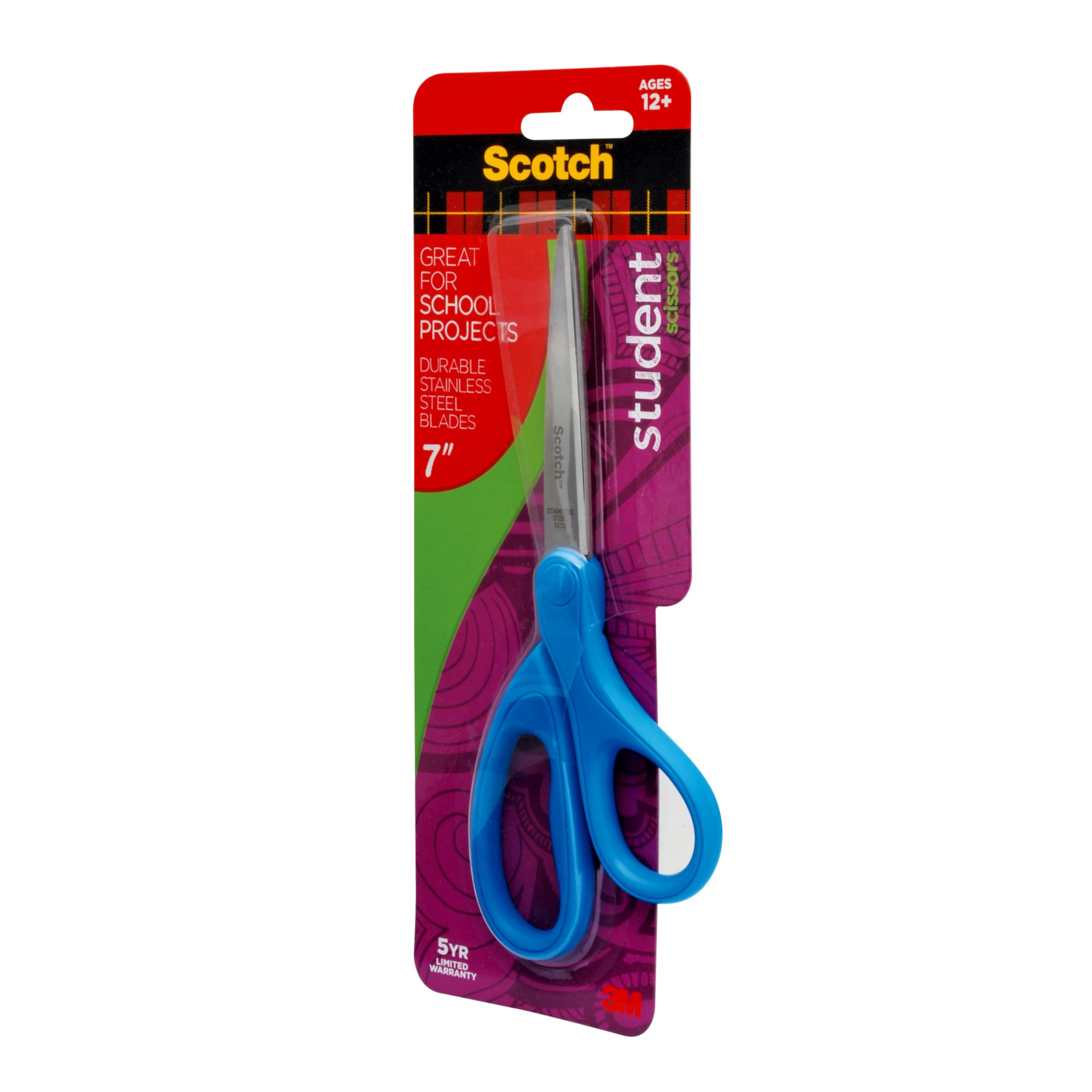 Scotch 7-Inch Student Scissors, Blue, Green, and Purple, Colors Vary, 6-Pack