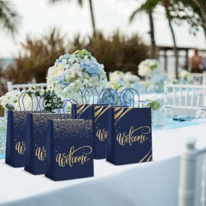 Kosiz 50 Sets Welcome Gift Bags Bulk with Handles and Tissue Paper Welcome to Our Church Gift Bags Kraft Paper Welcome Bags for Wedding Guests Hotel Church Visitors Birthday Party Supplies(Navy Blue)