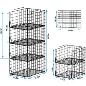 Jakyitvi Stackable Closet Organizers and Storage Bins 4 Pack, Sturdy Metal Clothes Storage Container for Clothes Pants Sweaters, Black Folded Drawer Shelf Organizer for Closet Wardrobe