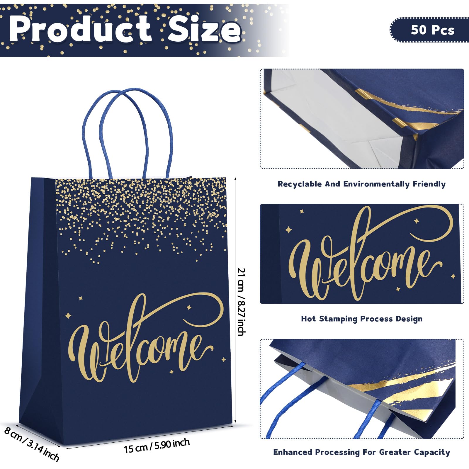 Kosiz 50 Sets Welcome Gift Bags Bulk with Handles and Tissue Paper Welcome to Our Church Gift Bags Kraft Paper Welcome Bags for Wedding Guests Hotel Church Visitors Birthday Party Supplies(Navy Blue)