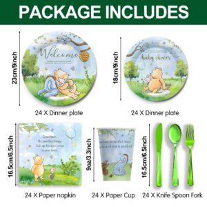 Piooluialy Winnie Baby Shower Pooh Decorations - Classic Winnie Baby Pooh Party Supplies Include Dinner Plates, Cups, Napkins, Cutlery, Winnie Welcome Baby Birthday Party Supplies | 24 Guests