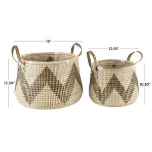 Deco 79 Seagrass Handmade Zigzag Patterned Storage Basket with Black and White Plastic Weaving and Leather Handles, Set of 2 18", 13" W, Brown