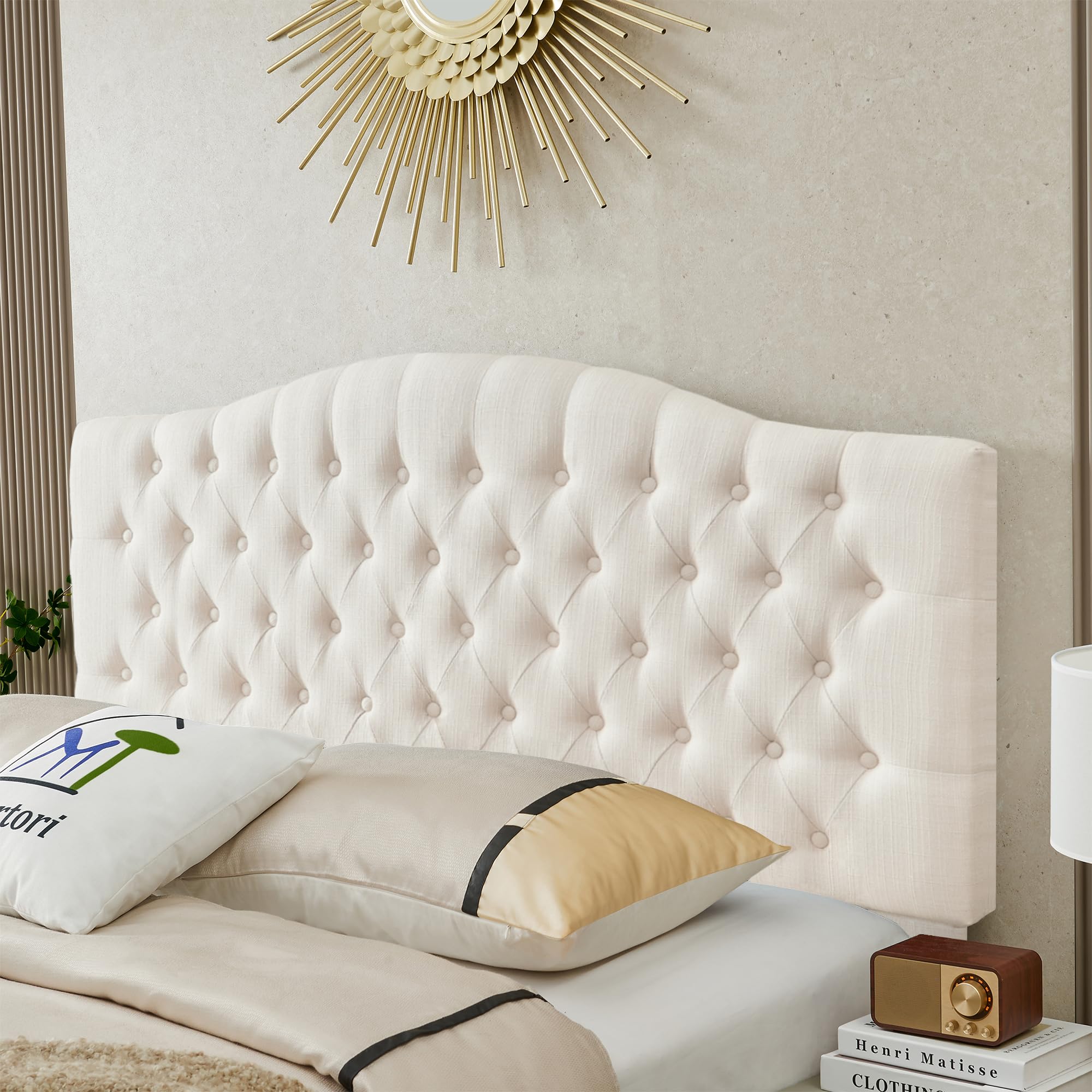 Befurtori Linen Upholstered Queen/Full Headboard, Tufted Button Headboard for Queen/Full Bed, Curved Integrated Design with Tufted Solid Wood Head Board and Luxury Soft Padded, Ivory