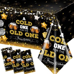 juweked beer party decorations,black and gold happy birthday tablecloth for men a cold one for the old one plastic tablecloth for 30th 40th 50th birthday cheers and beers party supplies