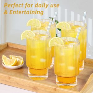 Greefun Ribbed Glassware Set of 4, 20oz Origami Style Drinking Glass Cup with Lid and Straw, Iced Coffee, Cocktail, Beer, Juice Stackable Drinking Glasses, Perfect for indoor and outdoor use