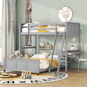 Twin Over Full Loft Bed with Desk and Storage Drawers, Wood Bunk Loft Bunk Bed for Kids, Can Be Separated into A Full Bed Frame and A Twin Size Loft Bed for Girls Boys Teens, Gray