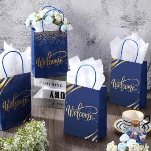 Kosiz 50 Sets Welcome Gift Bags Bulk with Handles and Tissue Paper Welcome to Our Church Gift Bags Kraft Paper Welcome Bags for Wedding Guests Hotel Church Visitors Birthday Party Supplies(Navy Blue)