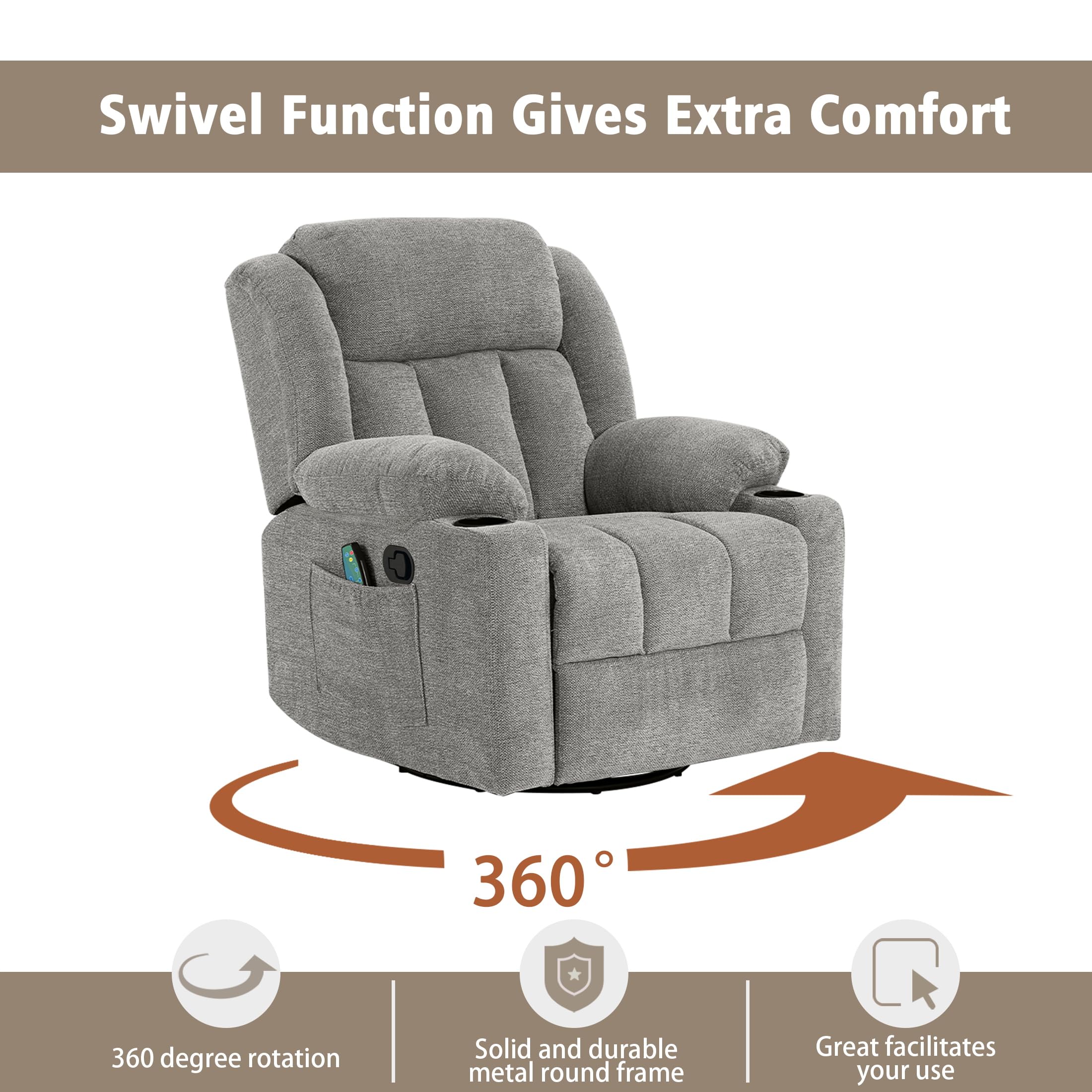 Ketaiyou Rocker Swivel Recliner Chair for Adults, Overstuffed Large Manual Recliner Glider with Massage and Heat, Comfy Soft Fabric Living Room Reclining Sofa Chair(Lime Gray)