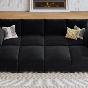 HONBAY Modular Sectional Sleeper Sofa Velvet Sectional Sleeper Couch with Storage Seats Oversized Sectional for Living Room,Black