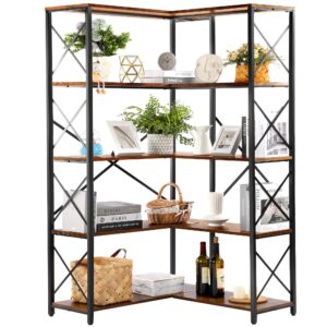 rengue bookshelf 5 tier corner shelf, large modern industrial bookcase l shaped storage display rack with heavy duty metal frame for home office, living room, bed room