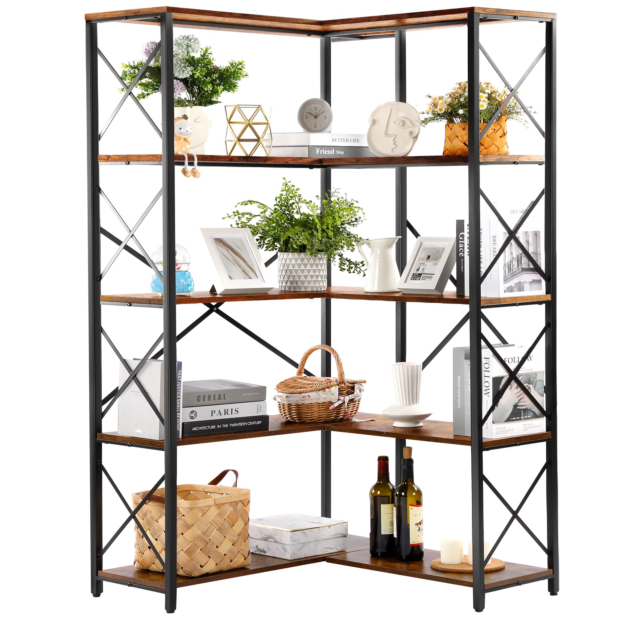 Rengue Bookshelf 5 Tier Corner Shelf, Large Modern Industrial Bookcase L Shaped Storage Display Rack with Heavy Duty Metal Frame for Home Office, Living Room, Bed Room