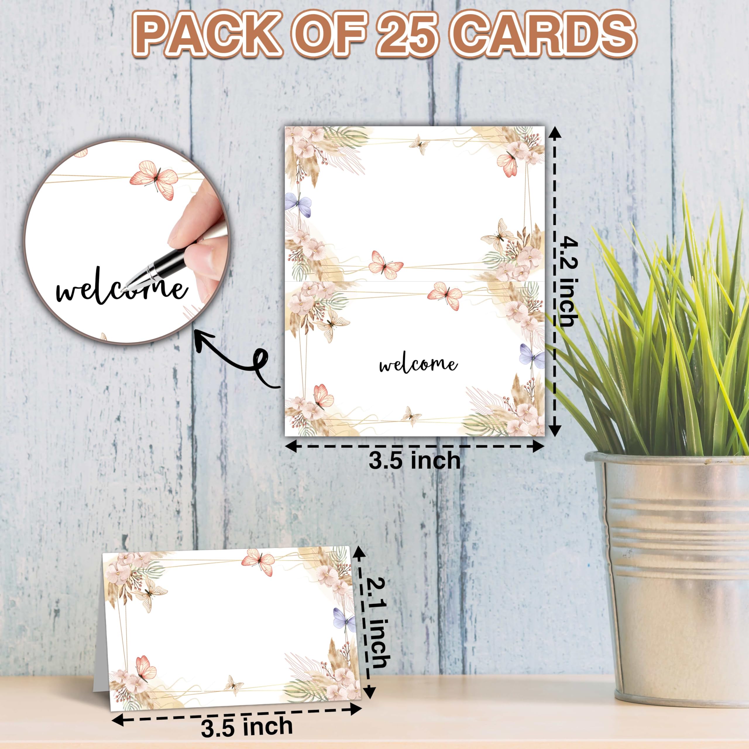 Butterfly Table Place Cards - 25PCS Tent Cards - Boho Floral Butterfly Themed Food Lables - Name Place Cards for Table Setting - Name Cards for Birthday Party Baby Shower - Scored for Easy Folding -05