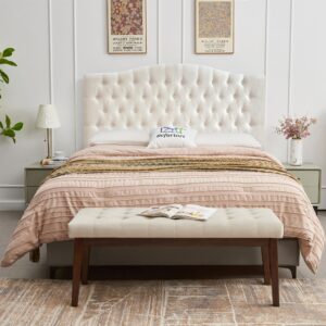 Befurtori Linen Upholstered Queen/Full Headboard, Tufted Button Headboard for Queen/Full Bed, Curved Integrated Design with Tufted Solid Wood Head Board and Luxury Soft Padded, Ivory