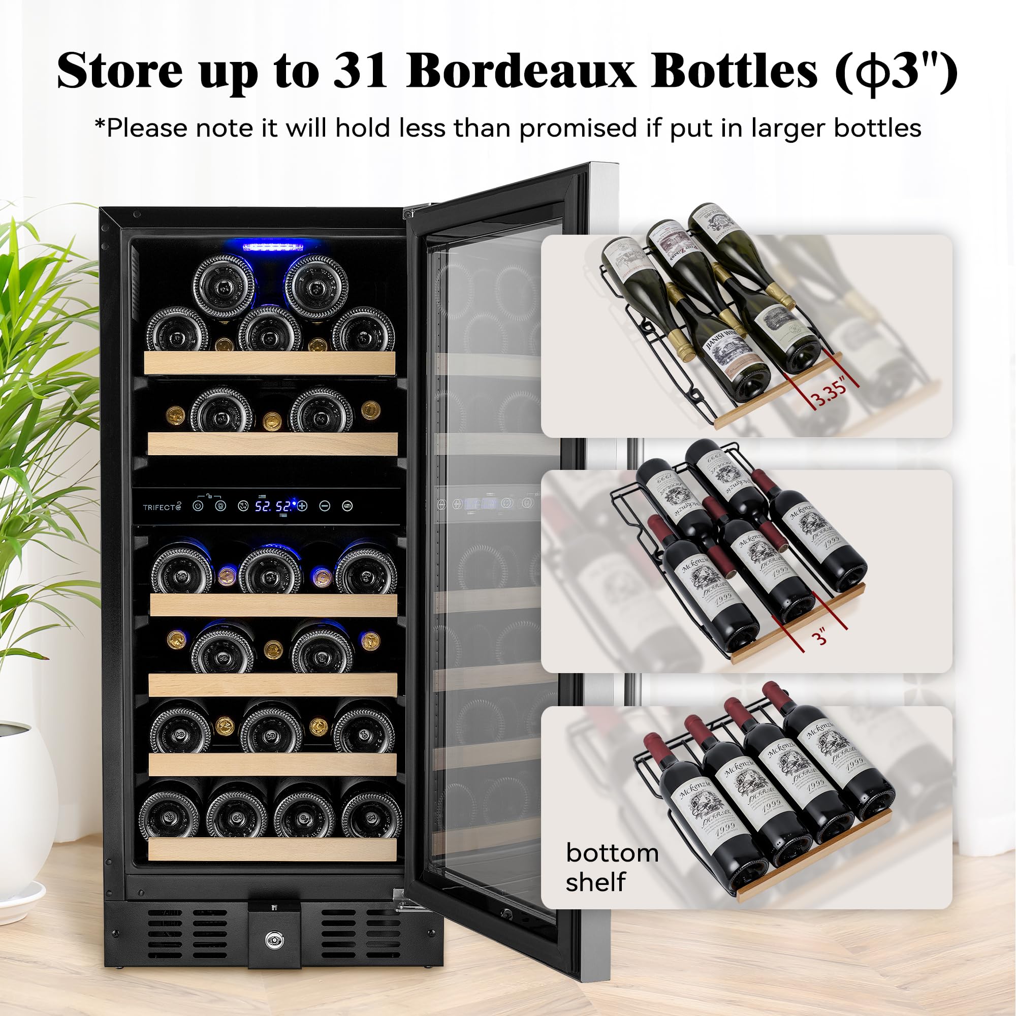 TRIFECTÉ 15” Wine Fridge, Dual Zone Wine Cooler Refrigerator Freestanding, 31 Bottles Wine Cooler Under Counter with Stainless Steel Door, Quiet Wine Cellar For Home Office and Kitchen