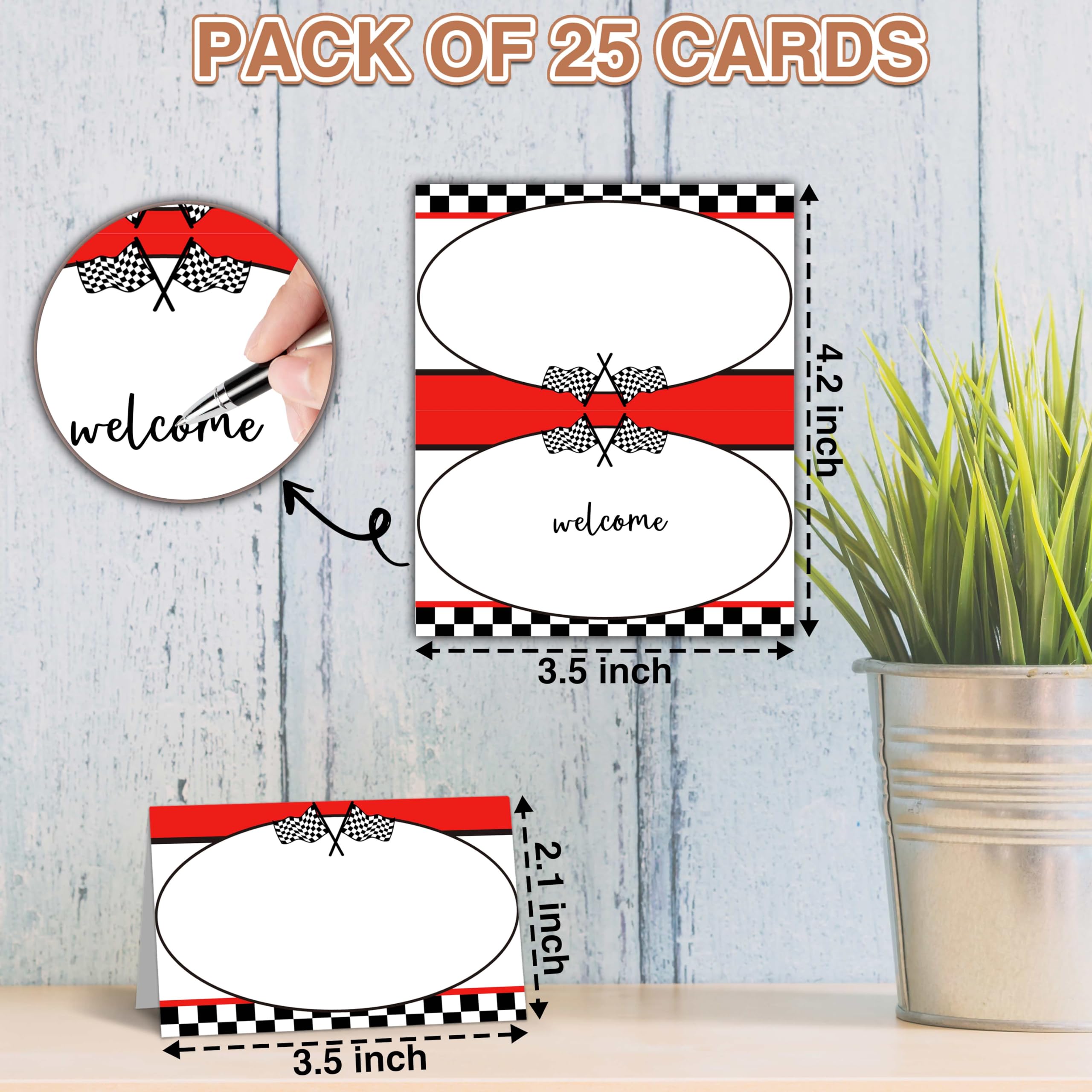 Racing Car Table Place Cards - 25PCS Tent Cards - 2.1” x 3.5“ Two Fast Food Lables - Name Place Cards for Table Setting - Name Cards for Birthday Party Baby Shower - Scored for Easy Folding -17