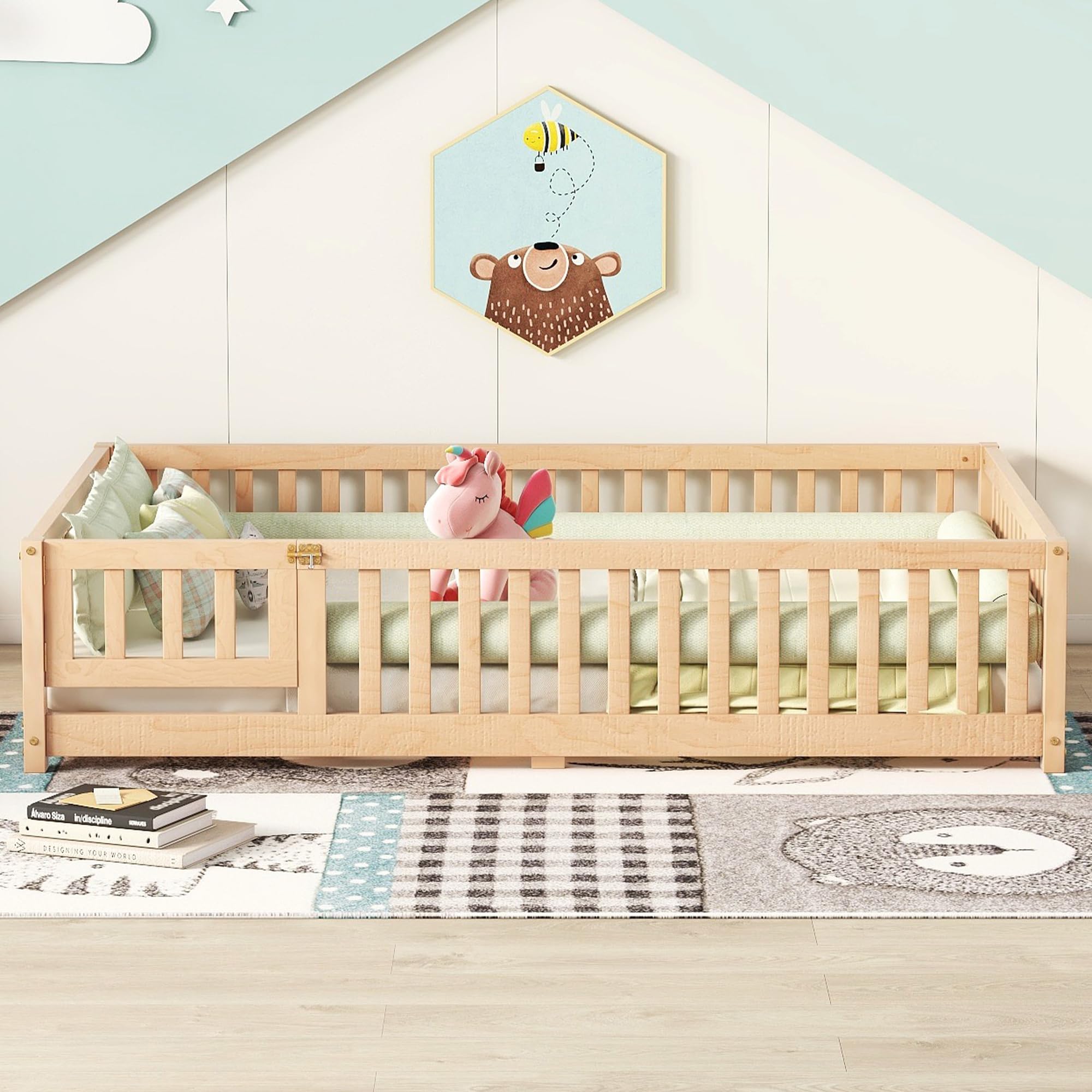 CITYLIGHT Full Size Floor Bed with Rails, Wood Montessori Floor Bed Full with Support Slats, Kids Full Bed Frame with Door Design for Boys,Girls, Natural