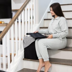 Stair Basket with Removable Lid and Leather Handles (Black) - 16”L x 16”H x 10”W - Sturdy and Functional Staircase Organization and Home Decor [TECA]