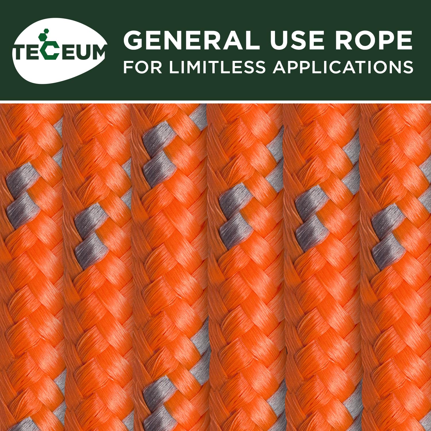 TECEUM Rope – 90 Feet x 1/4 Inch (7mm) – Orange Gray – Strong All-Purpose Utility Rope – Camping, Crafting, Flag Pole, Indoor & Outdoor – Polypropylene Nylon Poly Lightweight Diamond Braided Cord