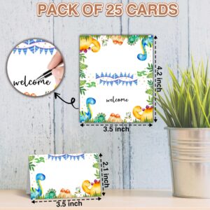 Zmyollo Dinosaur Table Place Cards - 25PCS Tent Cards - Tropical Dino Themed Food Lables - Name Place Cards for Table Setting - Name Cards for Birthday Party Baby Shower - Scored for Easy Folding -10