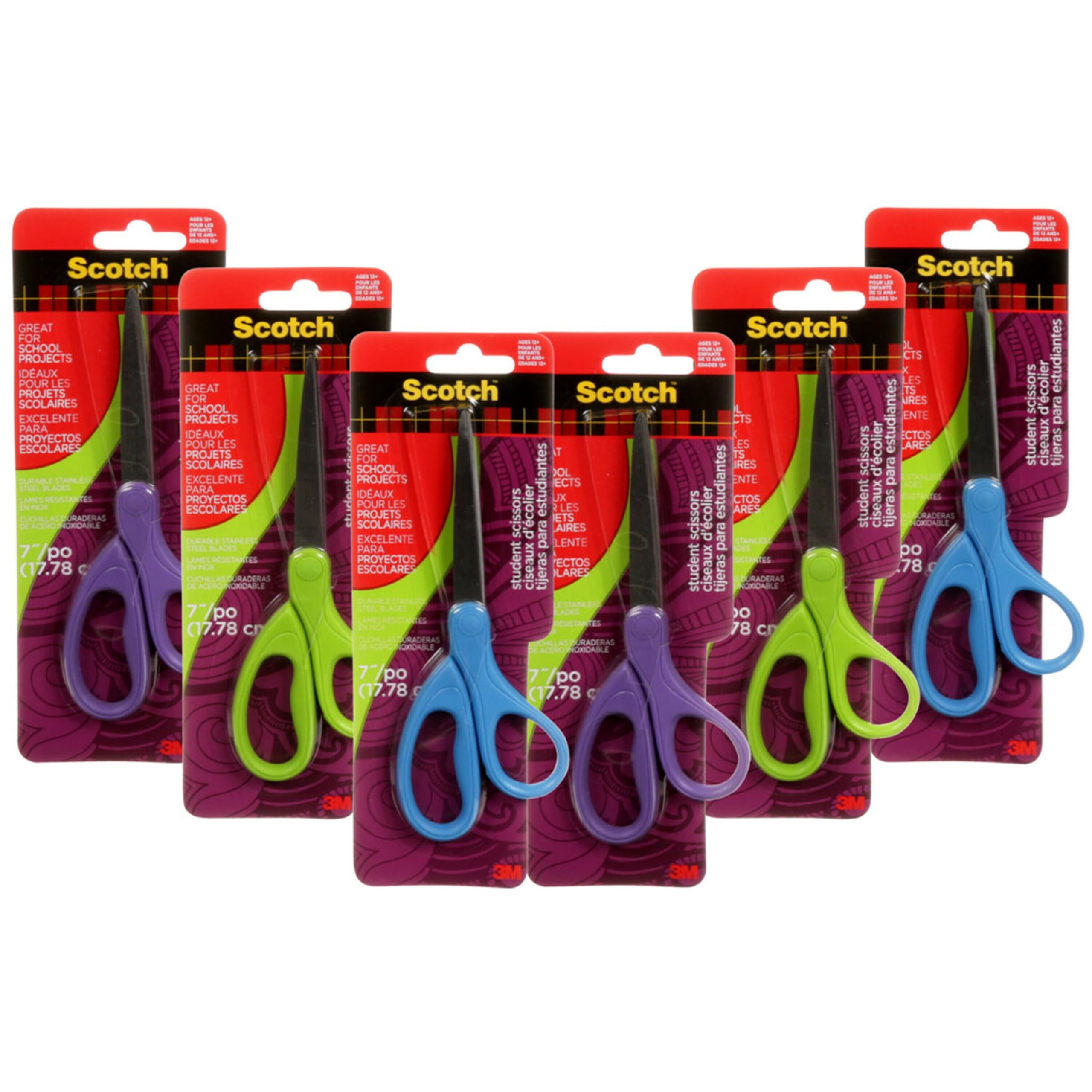 Scotch 7-Inch Student Scissors, Blue, Green, and Purple, Colors Vary, 6-Pack