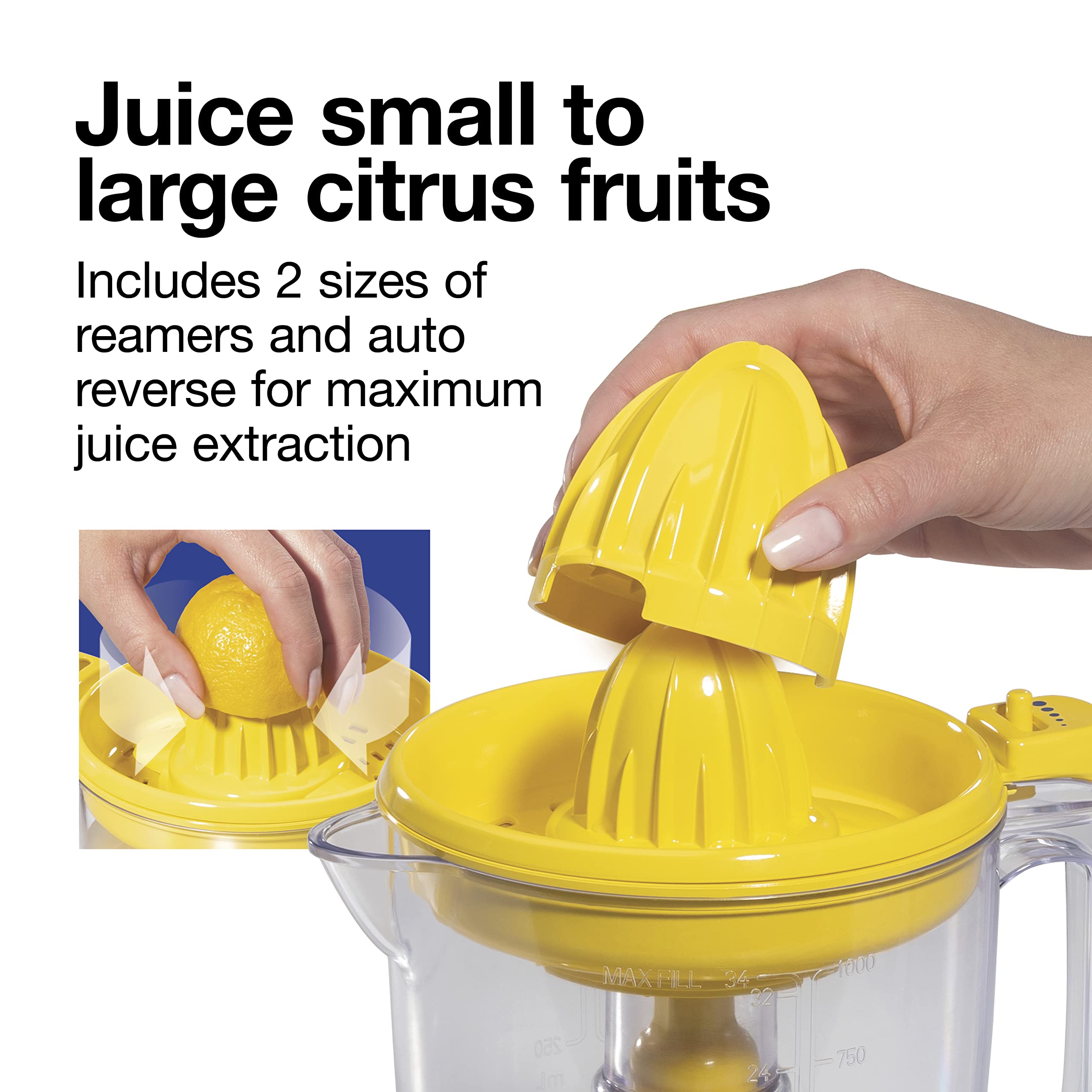 Proctor Silex Alex's Lemonade Stand Electric Citrus Juicer Machine and Squeezer, for Lemons, Limes and Oranges, 34 oz, Includes 2 Reamers & Recipe Book, Yellow (66341)