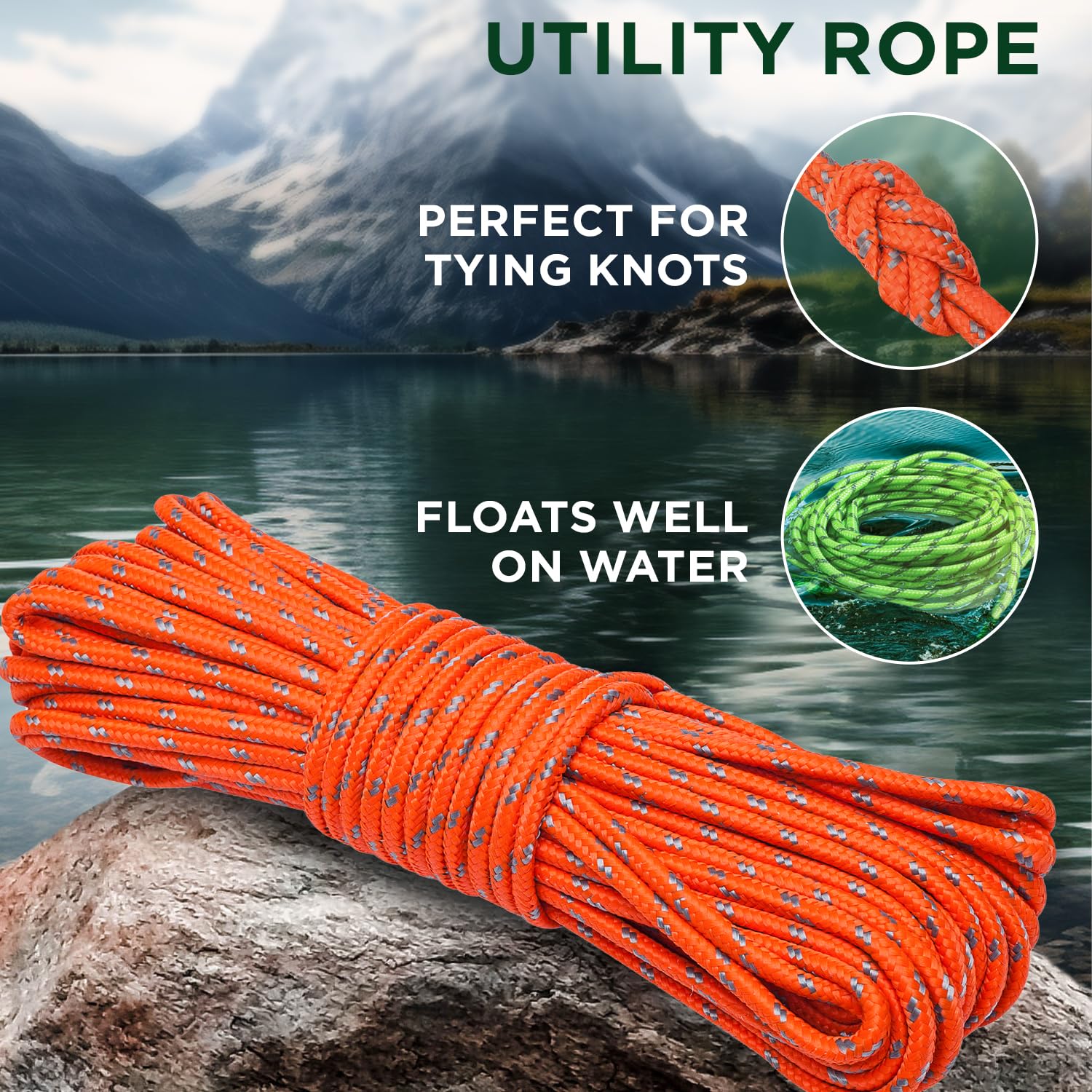 TECEUM Rope – 90 Feet x 1/4 Inch (7mm) – Orange Gray – Strong All-Purpose Utility Rope – Camping, Crafting, Flag Pole, Indoor & Outdoor – Polypropylene Nylon Poly Lightweight Diamond Braided Cord