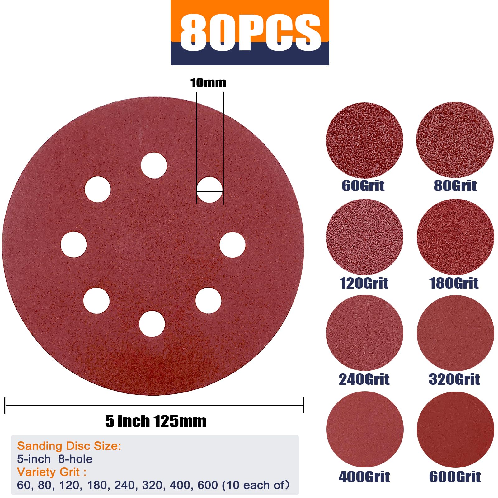 Sanding Discs Variety Grit Sandpaper: Hook Loop Disc 5-Inch 8-Holes 60 80 120 180 240 320 400 600 Grits(Each of 10) 80PCS